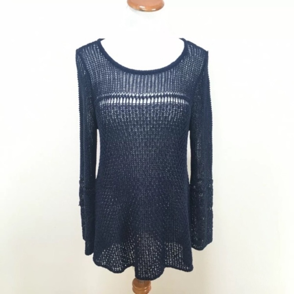 Joie Linen Long Sleeve Open Knit Crochet Sweater Navy Blue Women’s Sz Medium‎